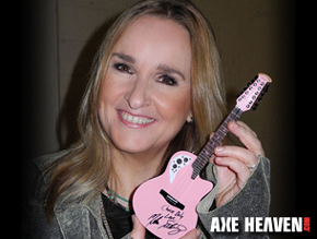 Melissa Etheridge Holding Licensed Miniature Pink Adamas Signature Ovation Guitar by AXE HEAVEN®