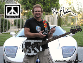 Michael Anthony Holding Licensed Chickenfoot Miniature Bass Guitar by AXE HEAVEN® (with original Chickenfoot and one of his cool cars!)