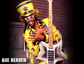 Bootsy Collins Holding Original Space Bass Guitar