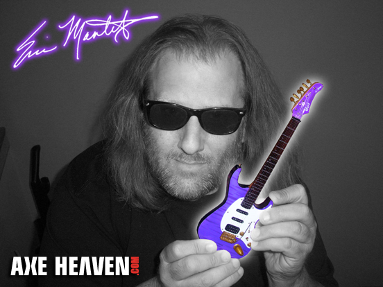 Eric Mantel - an AXE HEAVEN® Exclusive Artist - Holding Licensed Cort EMS-1 Tone-Master Miniature Guitar Replica Collectible by AXE HEAVEN®