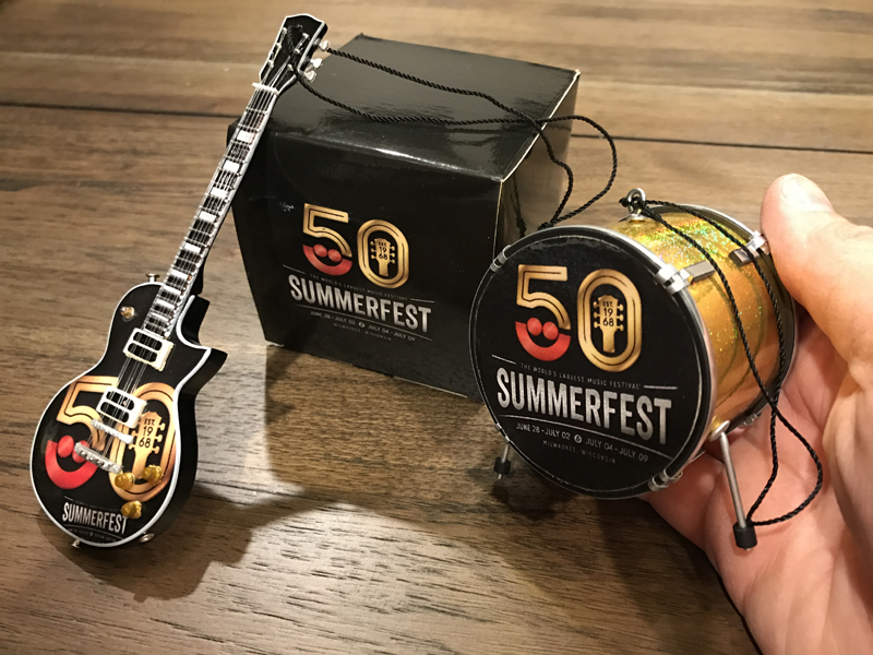 Custom Promotional 6" Mini Guitar and 2.5" Bass Drum Holiday Ornaments for Milwaukee Summerfest 50th Anniversary