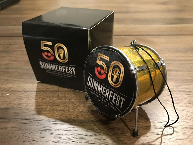 Custom Promotional 2.5" Bass Drum Holiday Ornament and Gift Box for Milwaukee Summerfest 50th Anniversary
