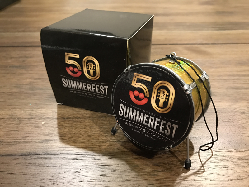 Custom Promotional 2.5" Bass Drum Holiday Ornament and Gift Box for Milwaukee Summerfest 50th Anniversary