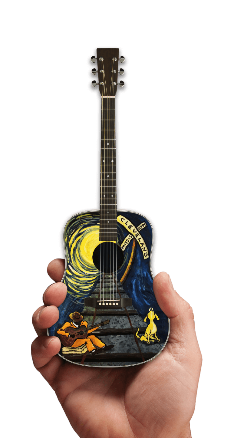 Acoustic Mini Guitar with Original Art by Lisa Miller for the City of Cleveland, Mississippi Railroad Heritage Museum