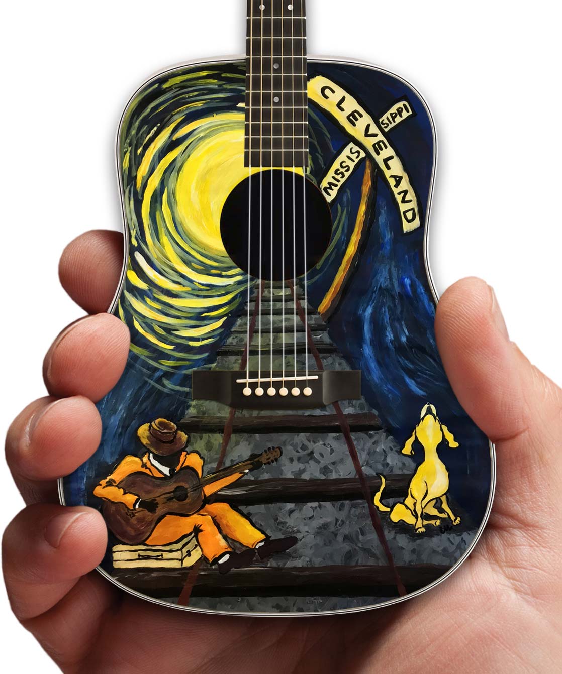 Acoustic Mini Guitar with Original Art by Lisa Miller as Souvenir Merchandise for the City of Cleveland, Mississippi Railroad Heritage Museum.