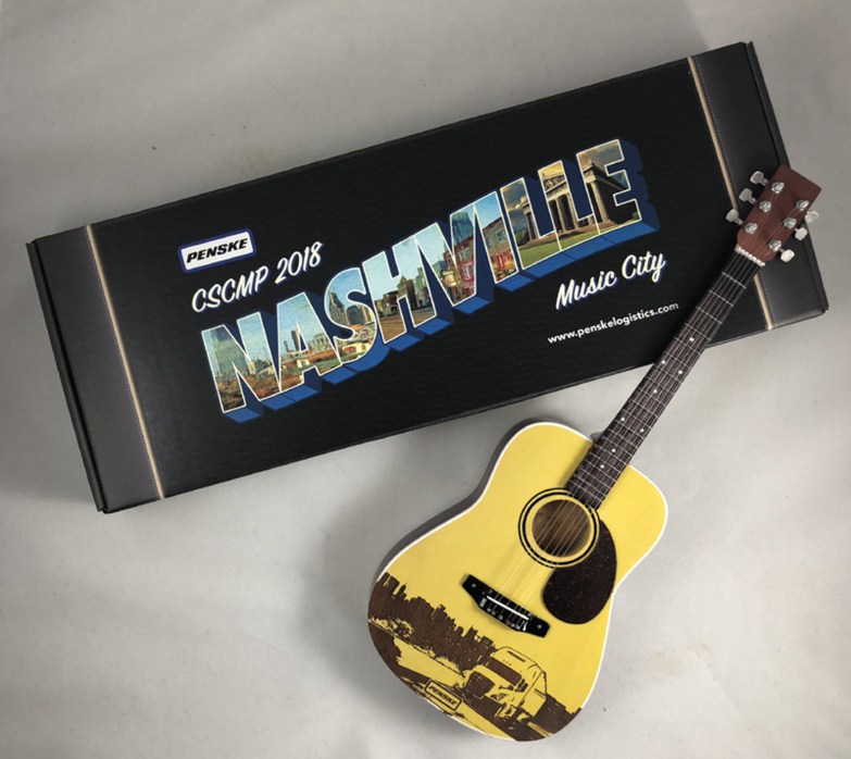 Laser-Engraved Acoustic Mini Guitar for Penske Event in Nashville "Music City" Tennessee  & Gift Box with Custom Label
