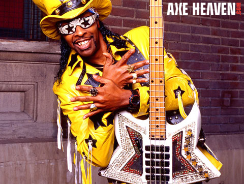 Bootsy Collins - an AXE HEAVEN® Exclusive Artist - Holding Original Space Bass Guitar
