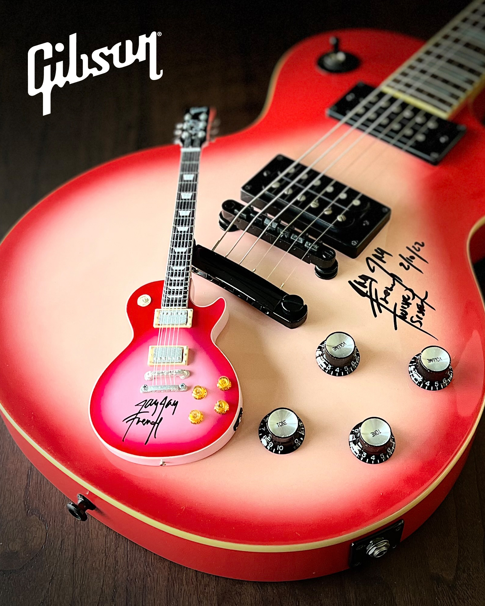 REAL AUTOGRAPHED - Gibson Les Paul Jay Jay French Twisted Sister Pinkburst 1:4 Scale Mini Guitar Model (REAL GUITAR NOT INCLUDED)