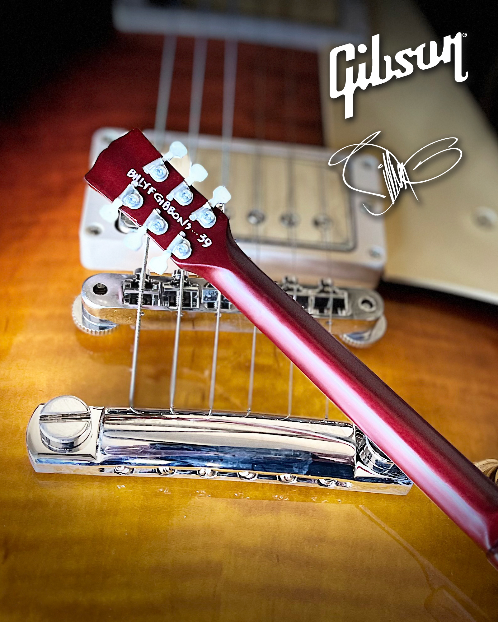 Headstock Back of Autographed Billy F Gibbons Aged Pearly Gates Gibson Les Paul Mini Guitar by AXE HEAVEN®