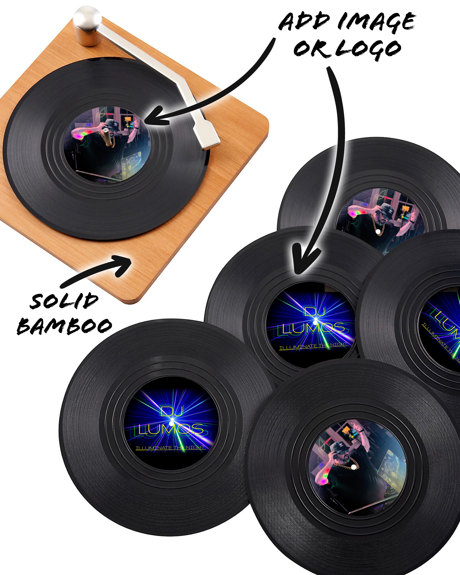 CUSTOM Logo Record Coaster Set of 6 with Bamboo Record Player - 4.25-Inch Vinyl Record Coasters with Anti-Skid Bottom