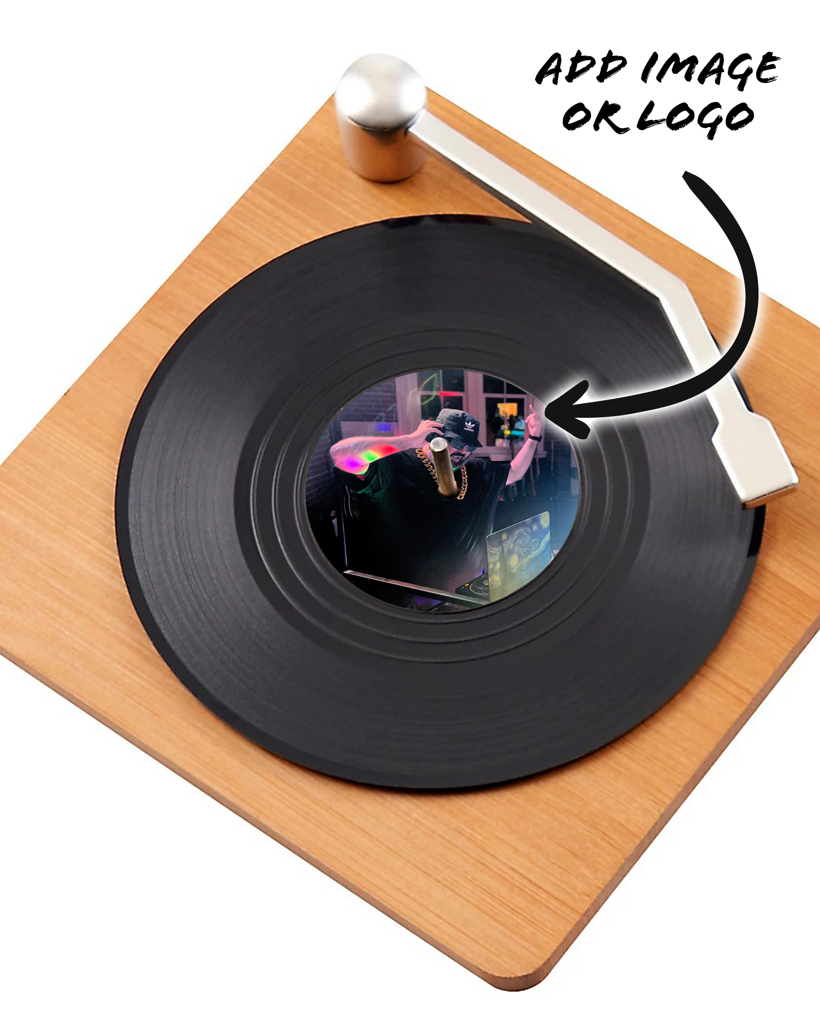CUSTOM Logo Record Coaster Set of 6 with Bamboo Record Player - 4.25-Inch Vinyl Record Coasters with Anti-Skid Bottom