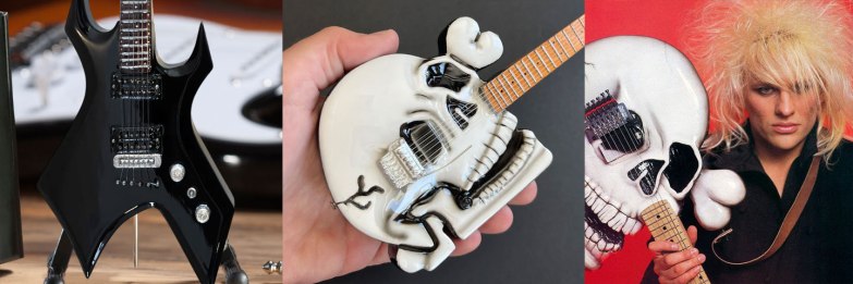 B.C. Rich® Black Warlock® and CC Deville Signature Skull Mini Guitar Replica Collectibles by AXE HEAVEN®