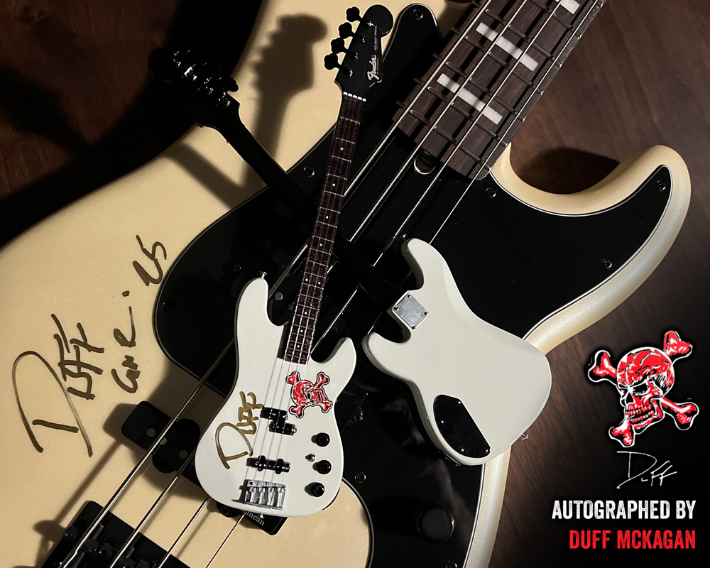 Front and Back of REAL AUTOGRAPHED - Duff McKagan Skull Fender™ Precision Bass™ - White Pearl Replica Collectible by AXE HEAVEN®
