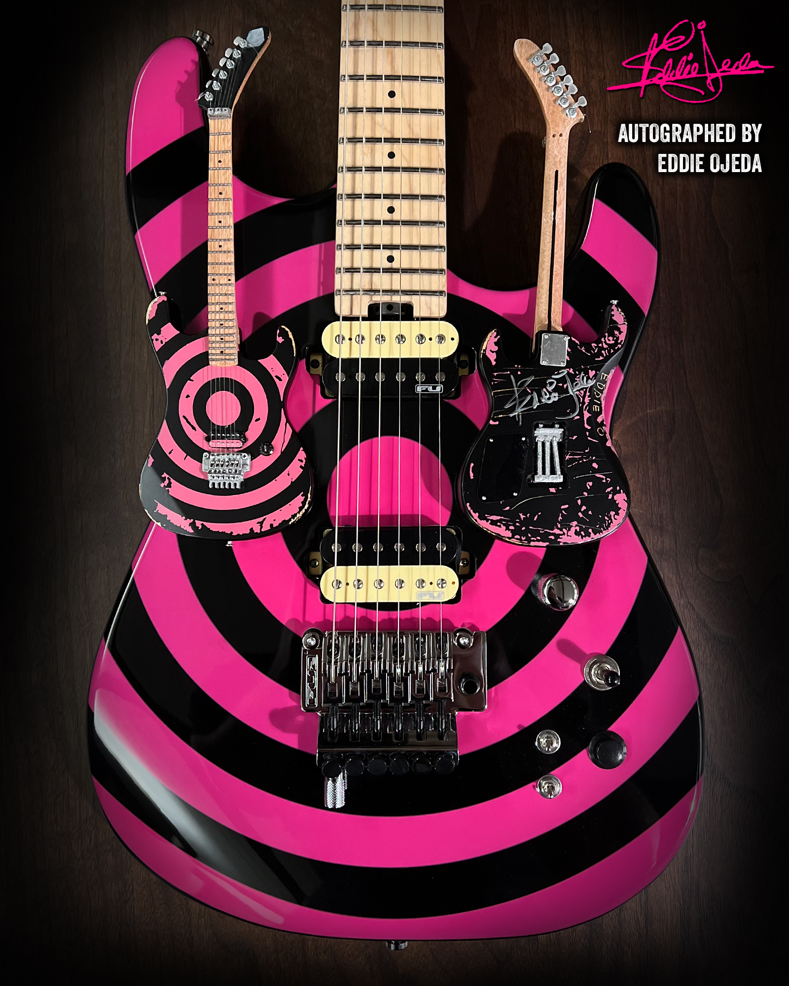 Autographed Eddie Ojeda – Twisted Sister – Distressed "Bulls Eye" Mini Guitar by AXE HEAVEN®