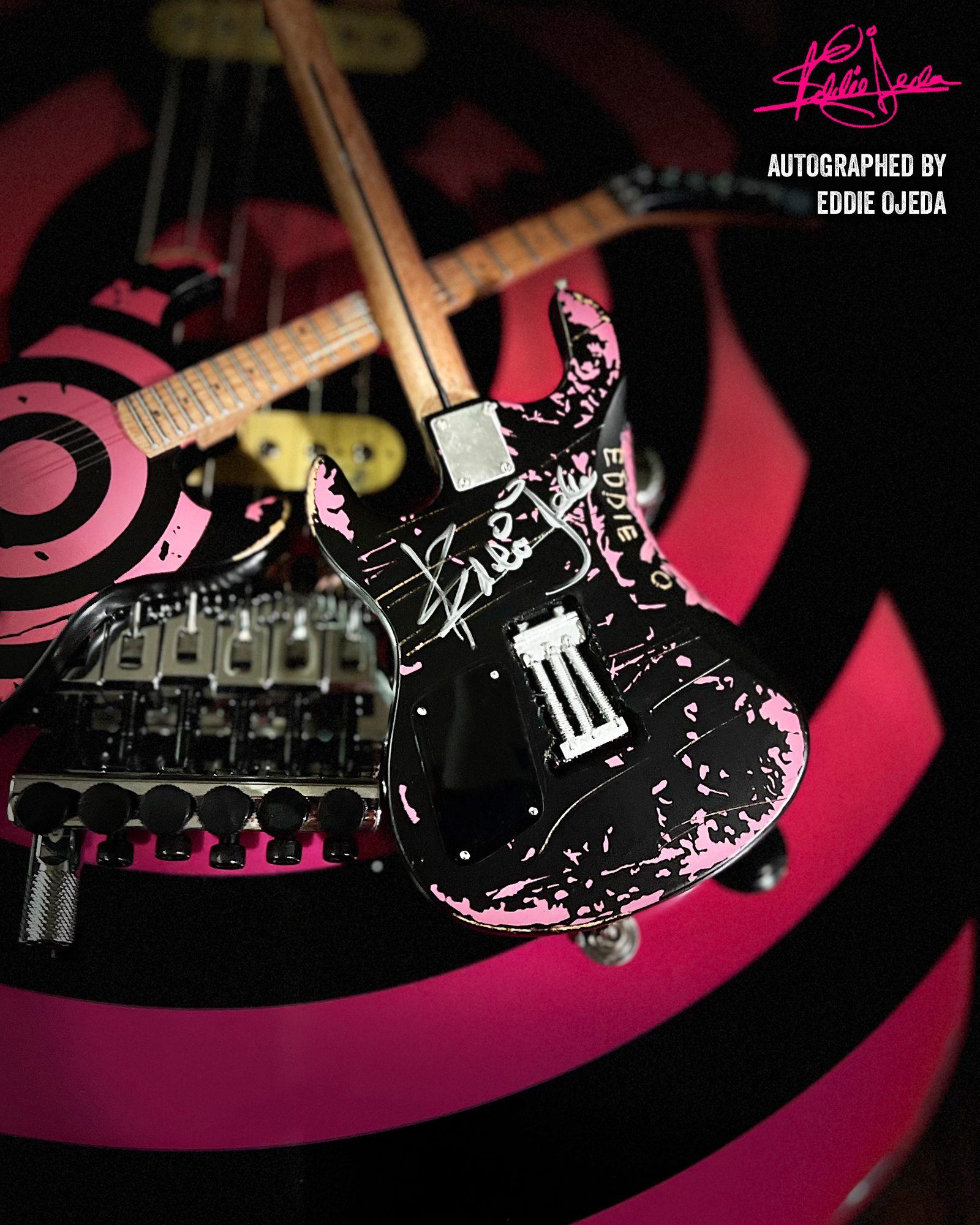 Autographed Eddie Ojeda – Twisted Sister – Distressed "Bulls Eye" Mini Guitar by AXE HEAVEN®