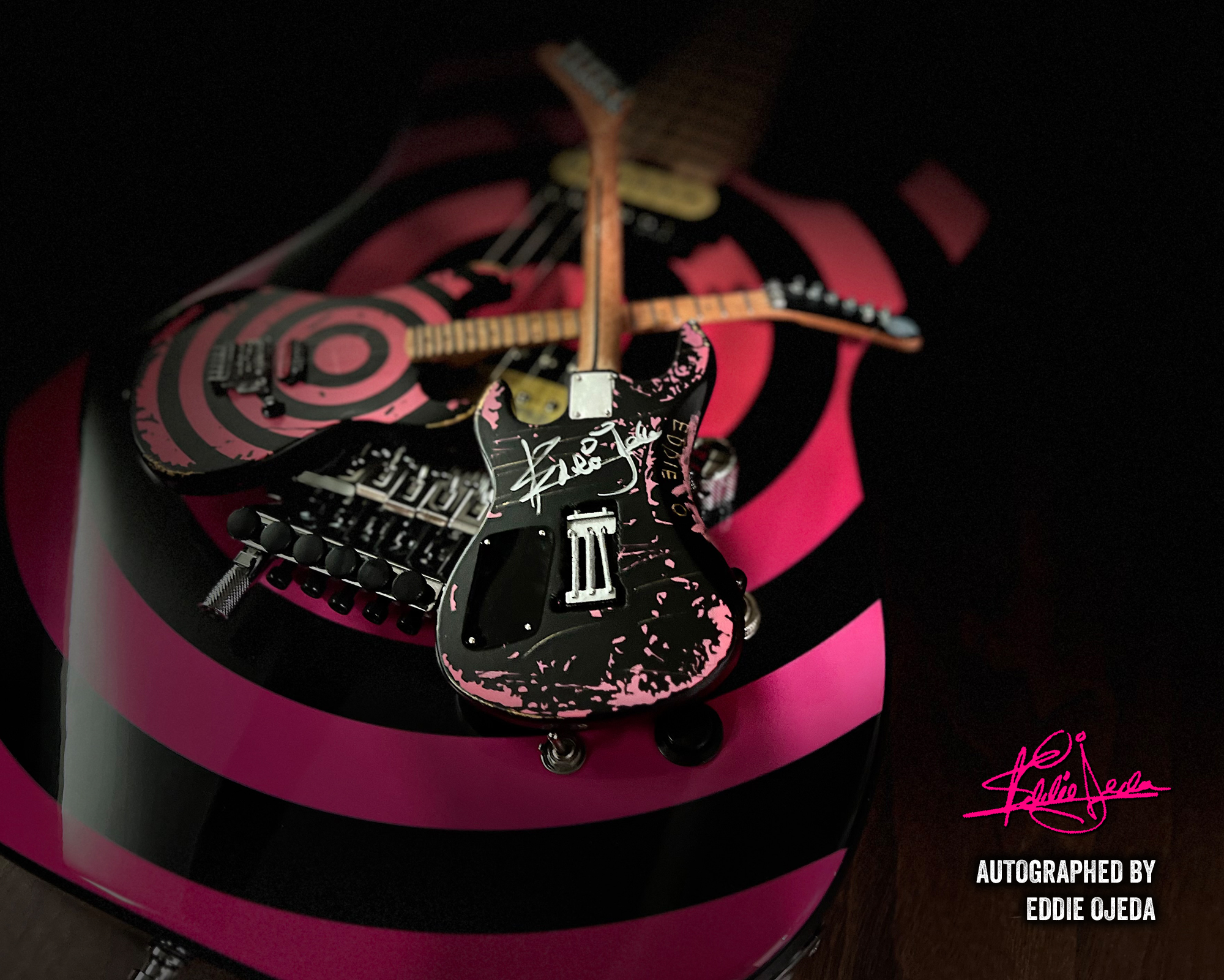 Autographed Eddie Ojeda – Twisted Sister – Distressed "Bulls Eye" Mini Guitar by AXE HEAVEN®