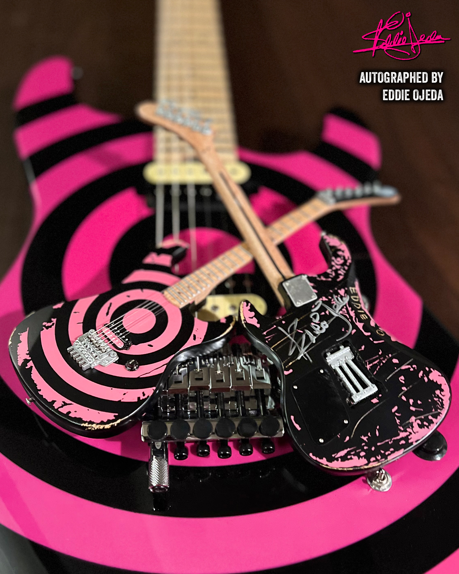 Autographed Eddie Ojeda – Twisted Sister – Distressed "Bulls Eye" Mini Guitar by AXE HEAVEN®