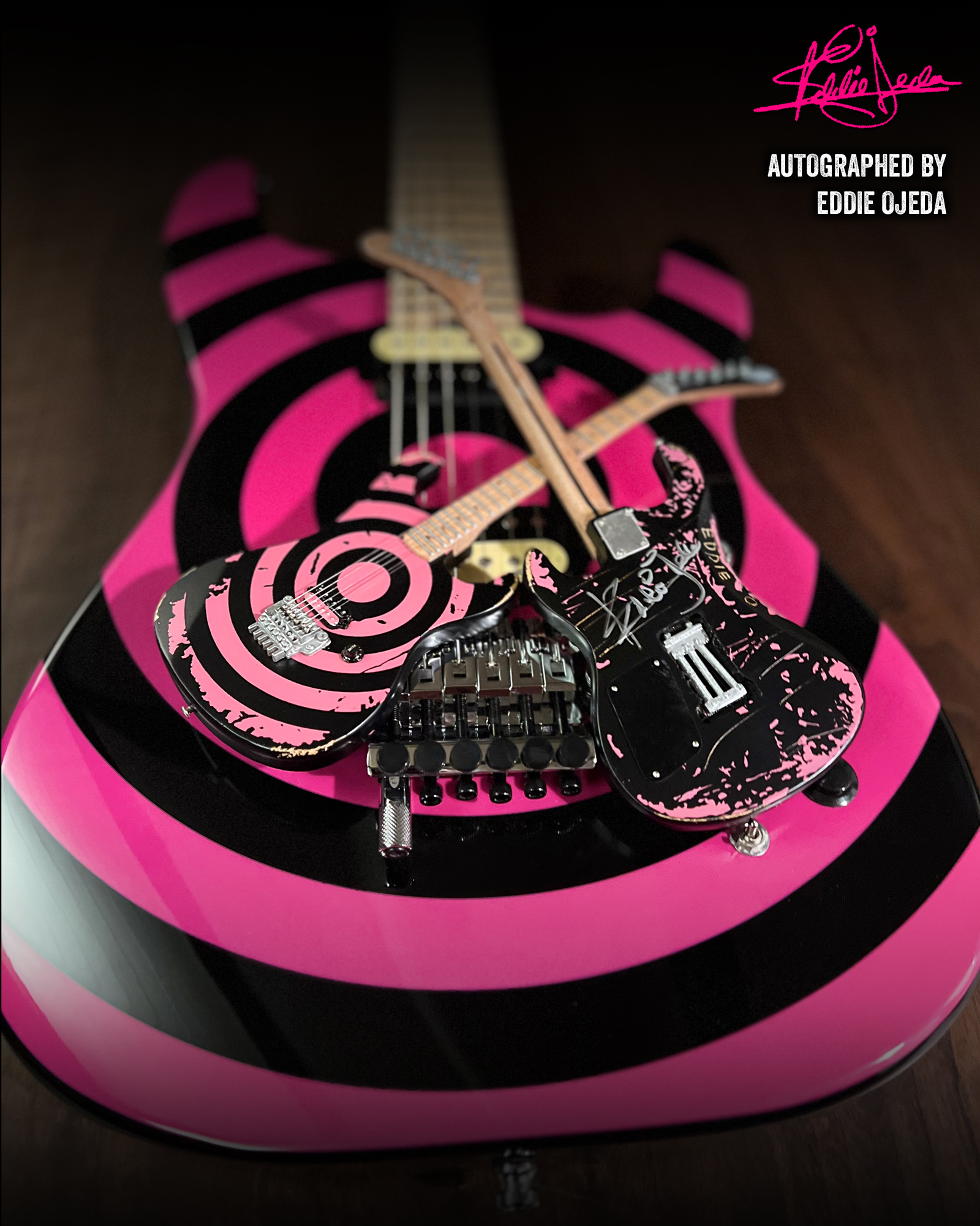 Autographed Eddie Ojeda – Twisted Sister – Distressed "Bulls Eye" Mini Guitar by AXE HEAVEN®