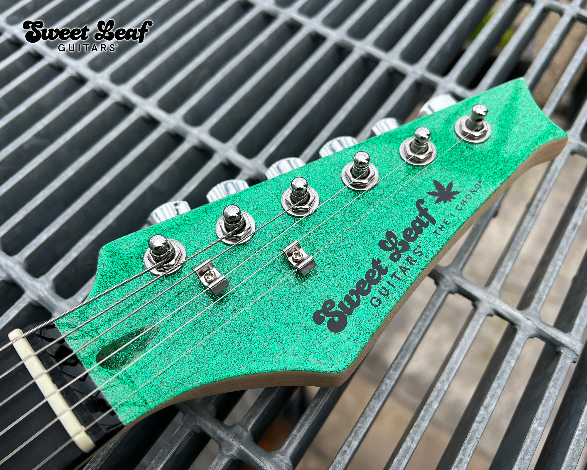 Headstock of Original Marijuana Leaf Electric Guitar - I Chong by Sweet Leaf Guitars®