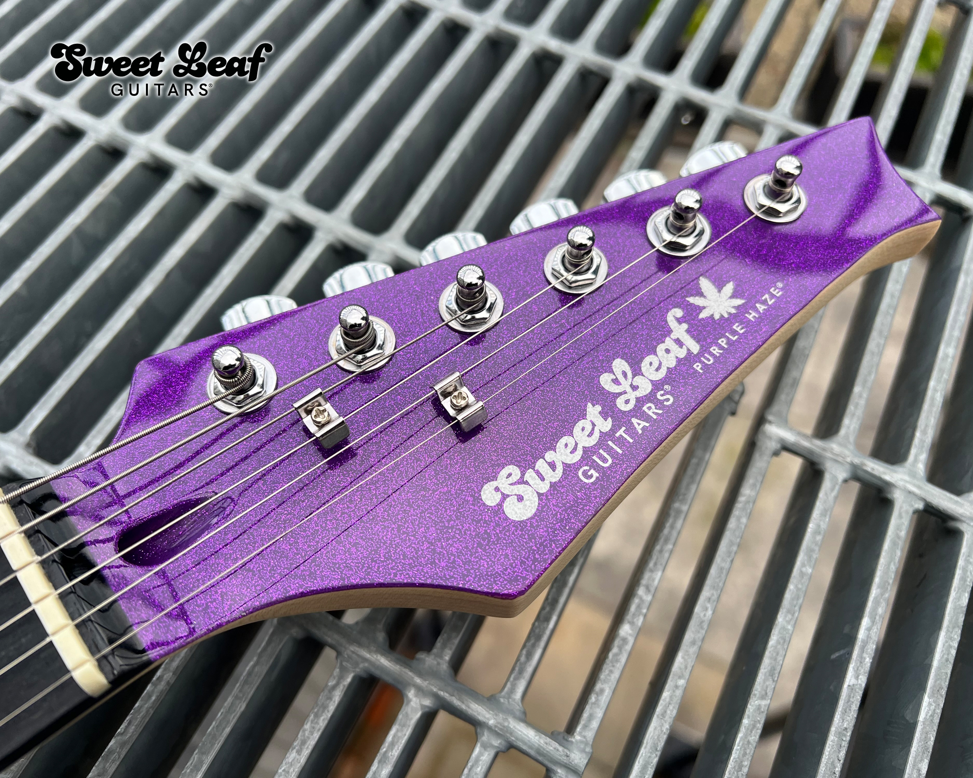 Headstock of Marijuana Leaf Electric Guitar - Purple Haze - I Chong by Sweet Leaf Guitars®