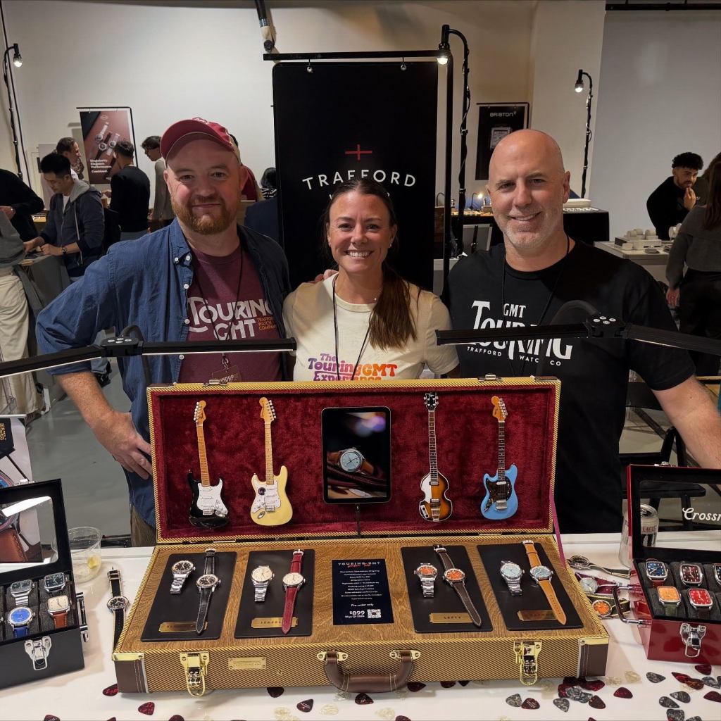 Nathan Trafford and the Trafford Watch Co. team display their Touring GMT Collection along with matching Mini Guitars by AXE HEAVEN®.