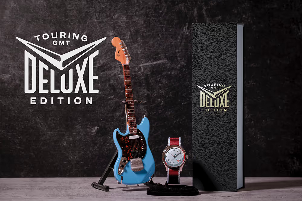The Daphne, by Trafford Watch Co., inspired by Kurt Cobain's Fender Mustang guitar. Deluxe Edition includes Mini Guitar by AXE HEAVEN® with custom promo Touring GMT gift box.