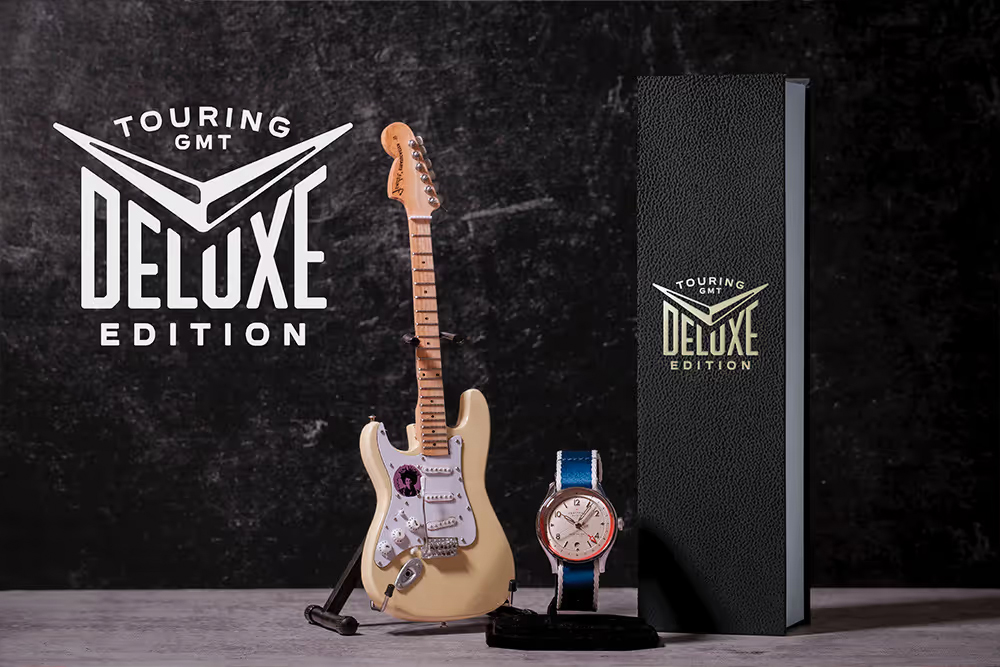 The Izabella, by Trafford Watch Co., inspired by the guitar Jimi Hendrix played at Woodstock. Deluxe Edition includes Mini Guitar by AXE HEAVEN® with custom promo Touring GMT gift box.