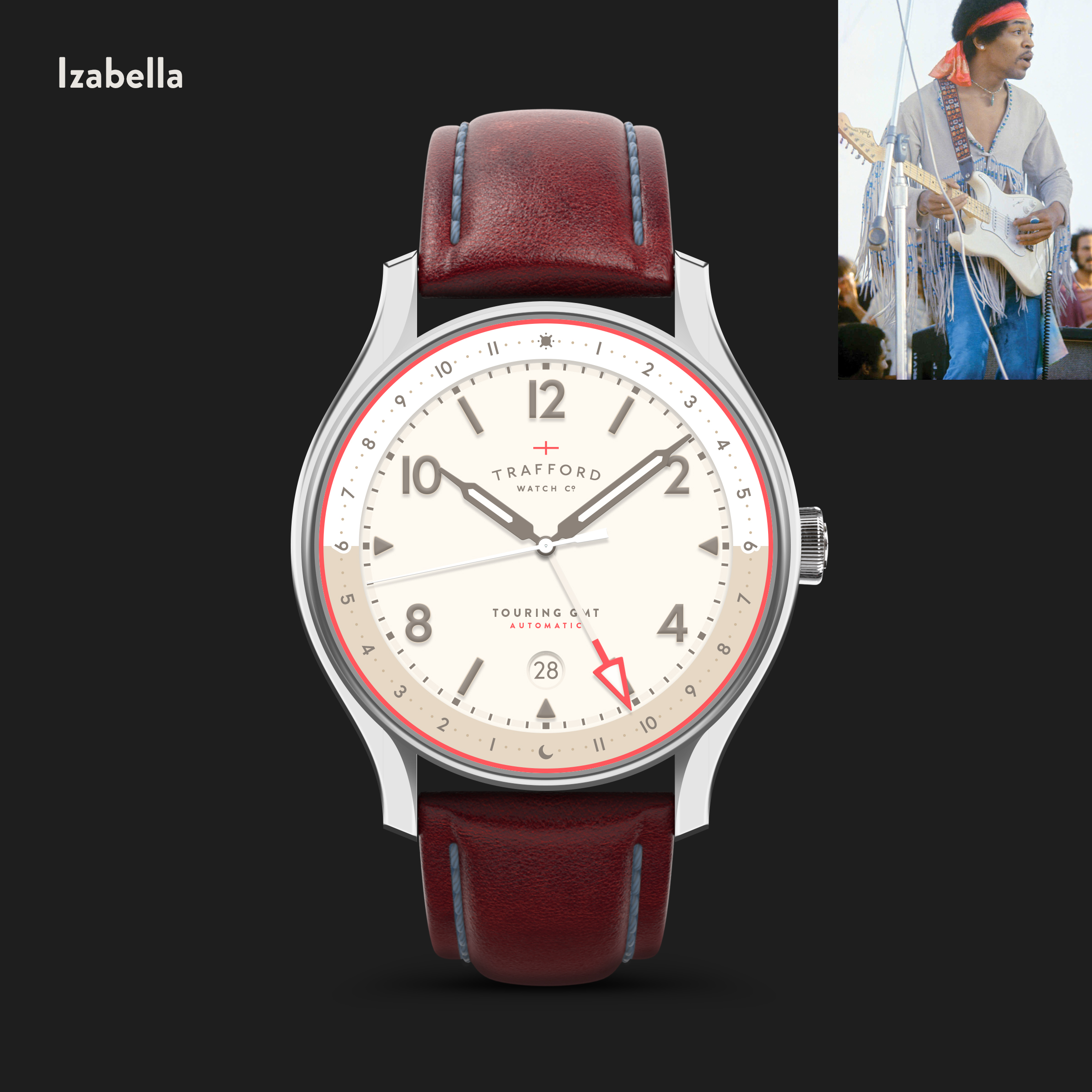 The Izabella, by Trafford Watch Co., inspired by the guitar Jimi Hendrix played at Woodstock.