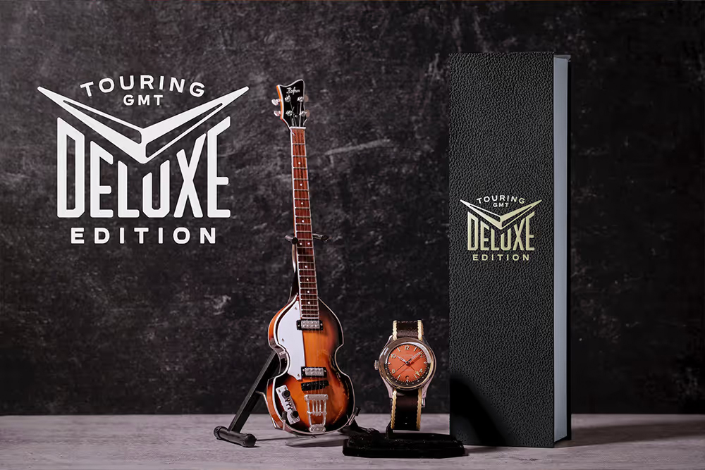 The Lefty, by Trafford Watch Co., inspired by Paul McCartney's left-handed Hofner bass guitar. Deluxe Edition includes Mini Guitar by AXE HEAVEN® with custom promo Touring GMT gift box.