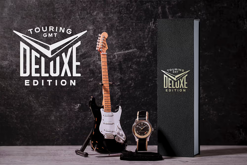 The Slowhand, by Trafford Watch Co., inspired by Eric Clapton's Blackie guitar. Deluxe Edition includes Mini Guitar by AXE HEAVEN® with custom promo Touring GMT gift box.